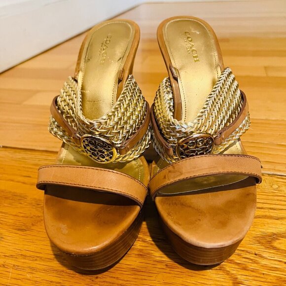 Coach Beatriz Women Sz 6.5 Wedge Heel Platform Sandal Gold Tan Brown Slingback - Picture 7 of 16